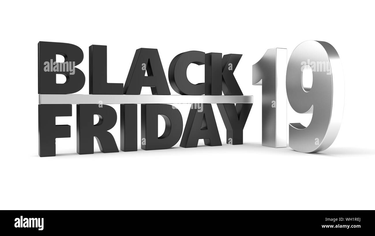 black friday of 2019 year. 3d illustration with black and steel materials. isolated on white Stock Photo
