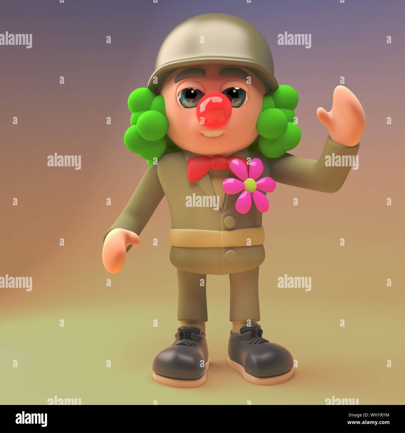 3d cartoon army soldier in military uniform wearing a clown wig and red nose, 3d illustration render Stock Photo