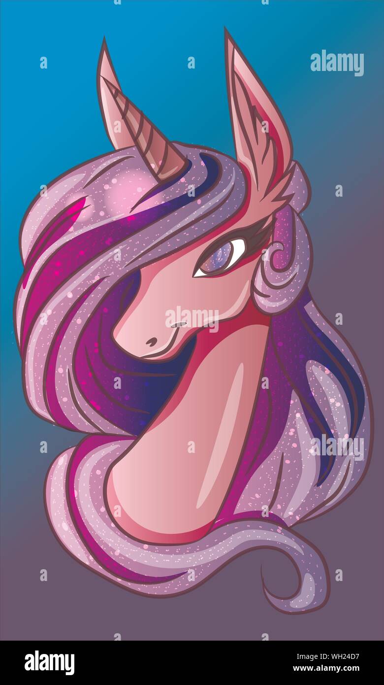 Pink And Blue Magic Fantasy Unicorn Horse Illustration With Galaxy