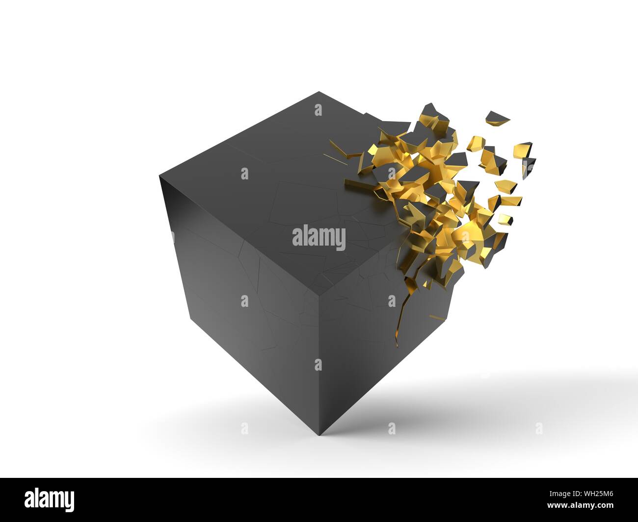 exploding black cube with gold inside. 3d illustration. isolated on ...