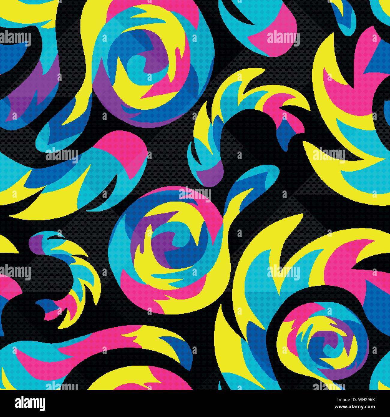 Graffiti on a black background Psychedelic seamless geometric pattern Stock Vector