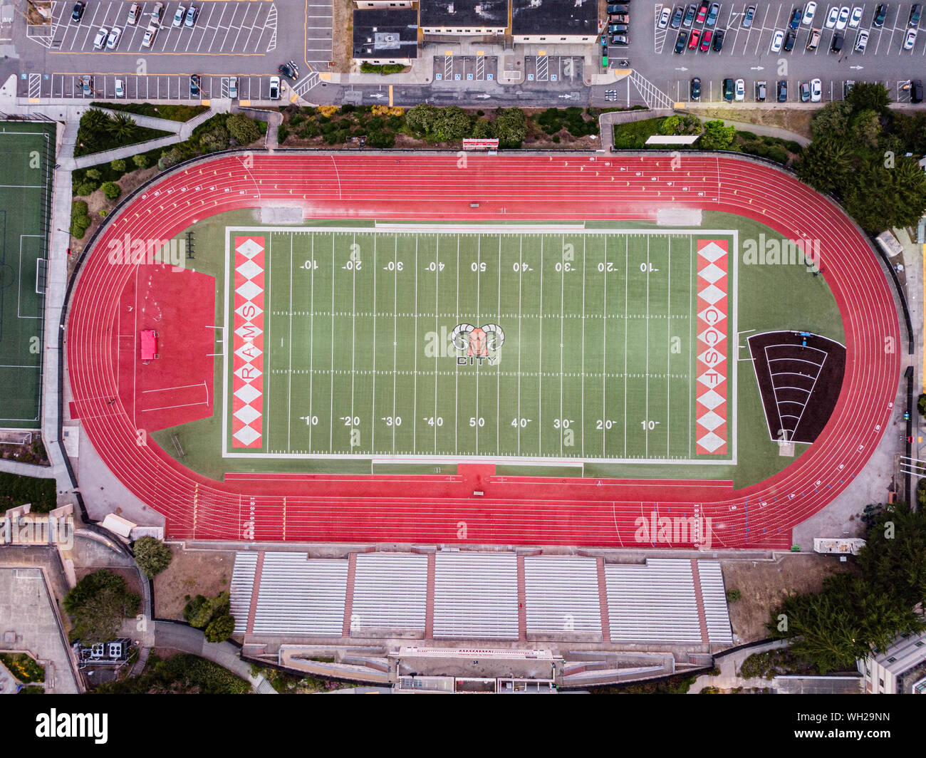 Aerial view of City college High school football field in san Francisco balboa park after dusk Stock Photo