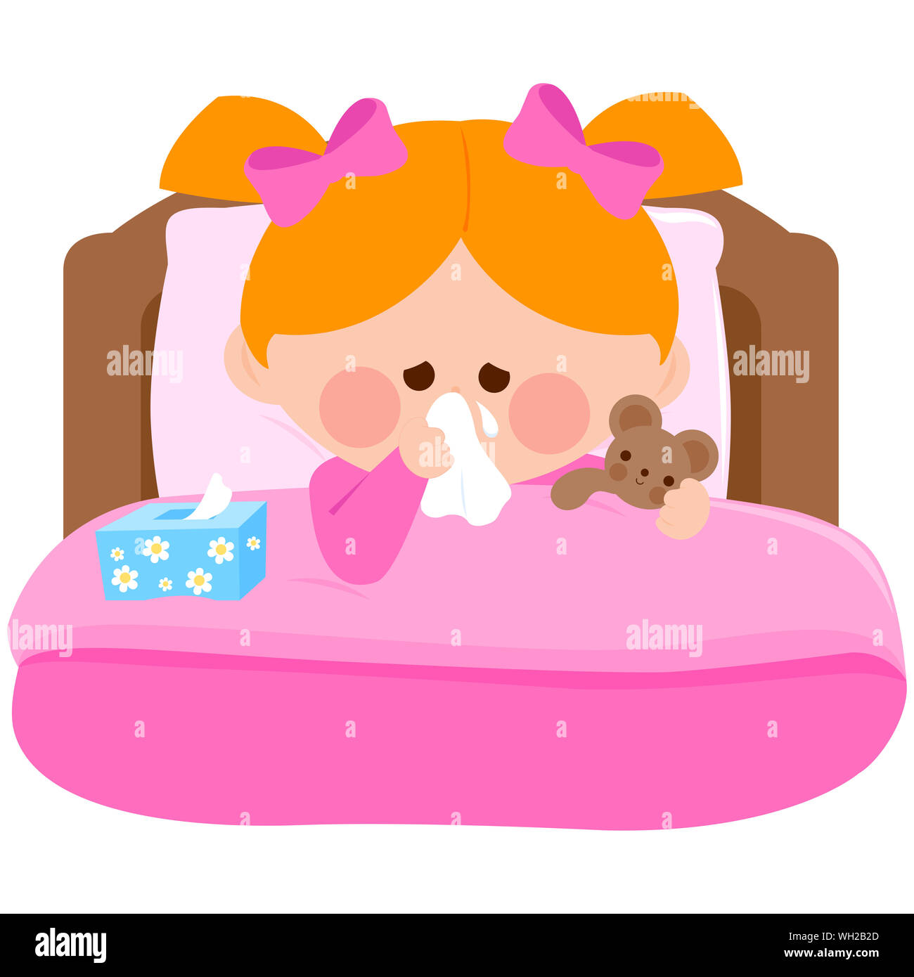 Little girl blowing her nose lying sick in bed and holding her teddy bear toy. Stock Photo