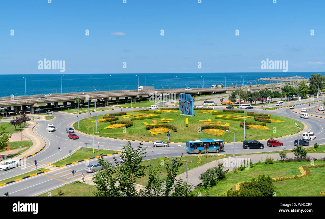 Trabzon / Turkey - August 08 2019: Panoramic Trabzon city view with black sea and highway Stock Photo