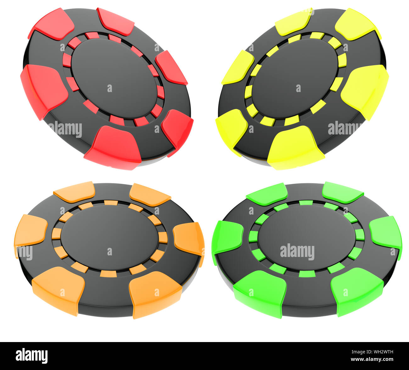 Red, Yellow, Green And Orange Modern Casino Chips Isolated On The White Background - 3D Illustration Stock Photo
