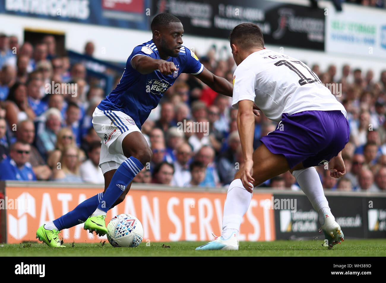 Kane Vincent-Young of Ipswich Town takes on Ryan Giles of Shrewsbury Town - Ipswich Town v Shrewsbury Town, Sky Bet League One, Portman Road, Ipswich, UK - 31st August 2019  Editorial Use Only - DataCo restrictions apply Stock Photo