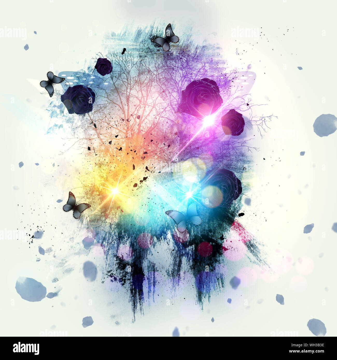 Gothic background with dark roses, butterflies and colorful flares ...