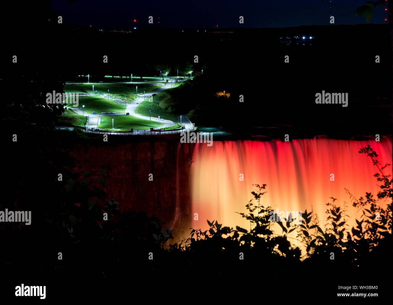 View of the American Falls in Niagara Falls, New York, illuminated at