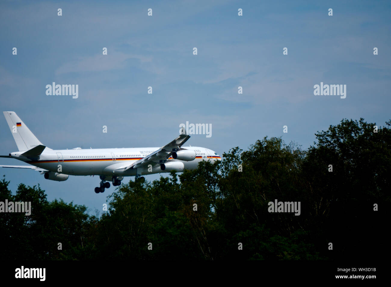 COLOGNE-BONN, NORTH RHINE-WESTPHALIA, AIRPORT, GERMANY - AUGUST 28, 2019 Germany Air Force Airbus A340 registration 16-02 landing at Cologne-Bonn Stock Photo