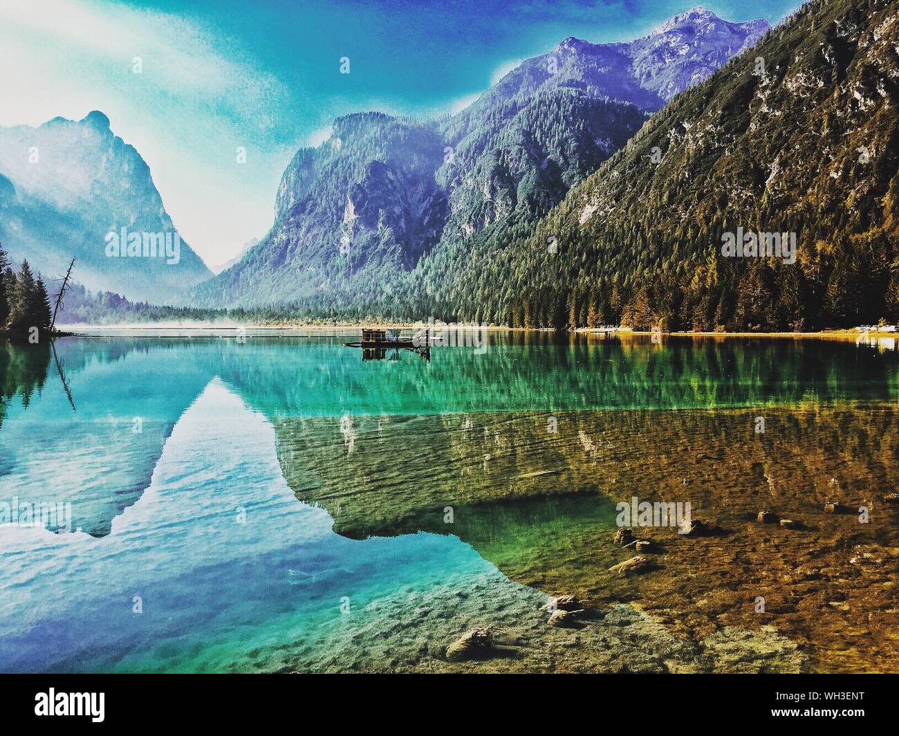 Scenic View Of Toblacher See Lake With Reflection Of Mountains Stock Photo Alamy Scenic View Of Toblacher See Lake With Reflection Of Mountains Stock Photo Alamy