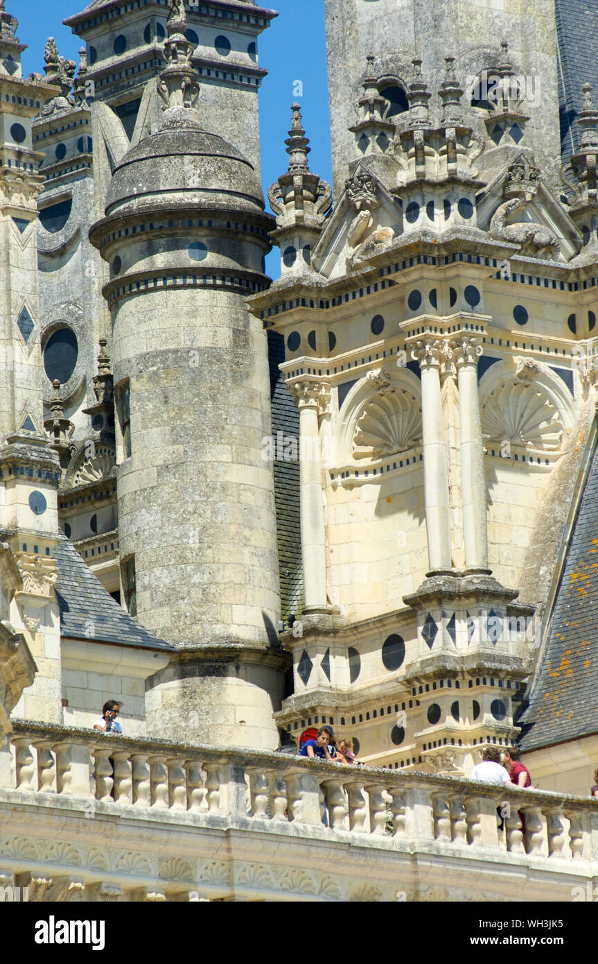 Tourists walking outside on the roof of Chambord castle in Blois in Loire Valley, France Stock Photo