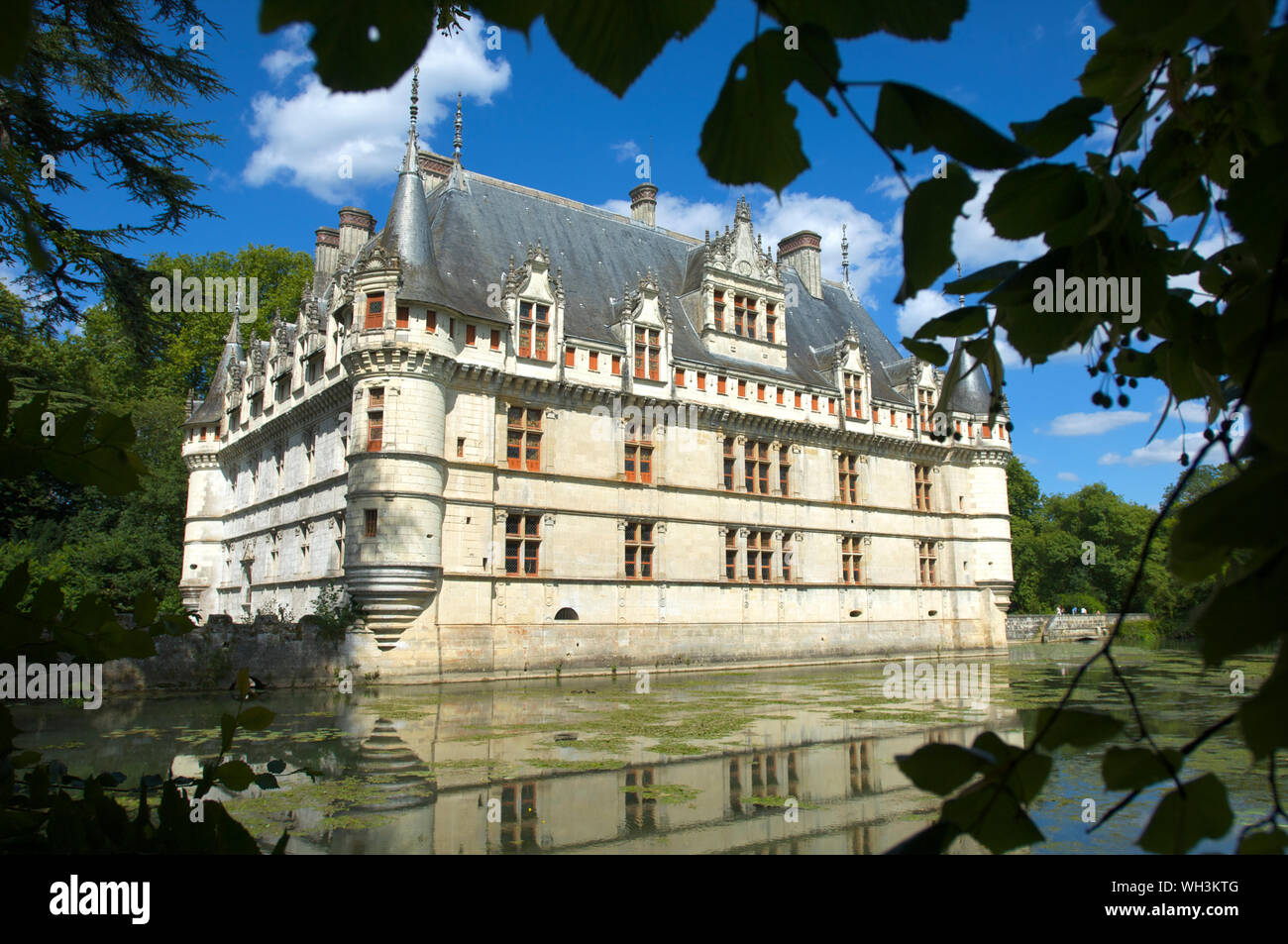 Renaissance castle d'Azay le Rideau and moat build on an island in the Indre river in 1518 in the Loire Valley in France Stock Photo