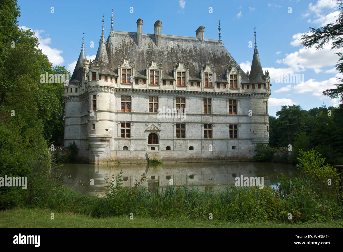 Renaissance castle d'Azay le Rideau and moat build on an island in the Indre river in 1518 in the Loire Valley in France Stock Photo