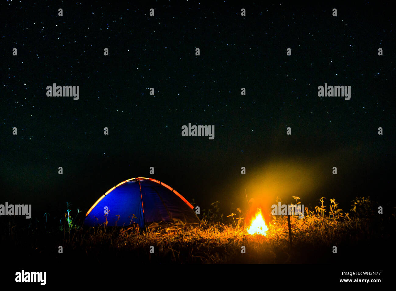 Illuminated Tent By Campfire Against Star Field At Night Stock Photo