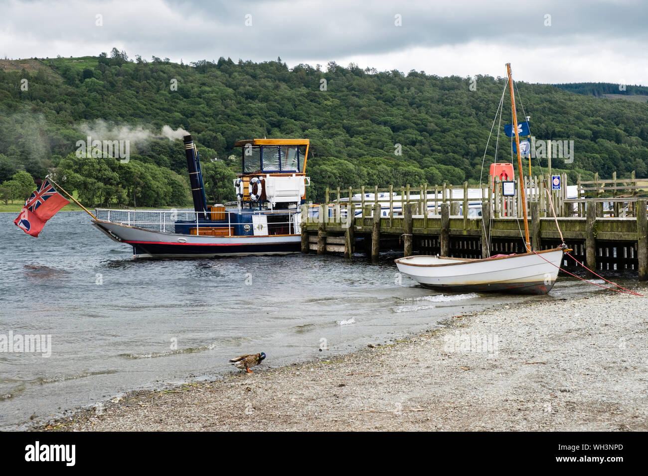 Coniston Launch steam yacht Gondola moored at jetty on Coniston Water in Lake District National Park. Cumbria, England, UK, Britain Stock Photo