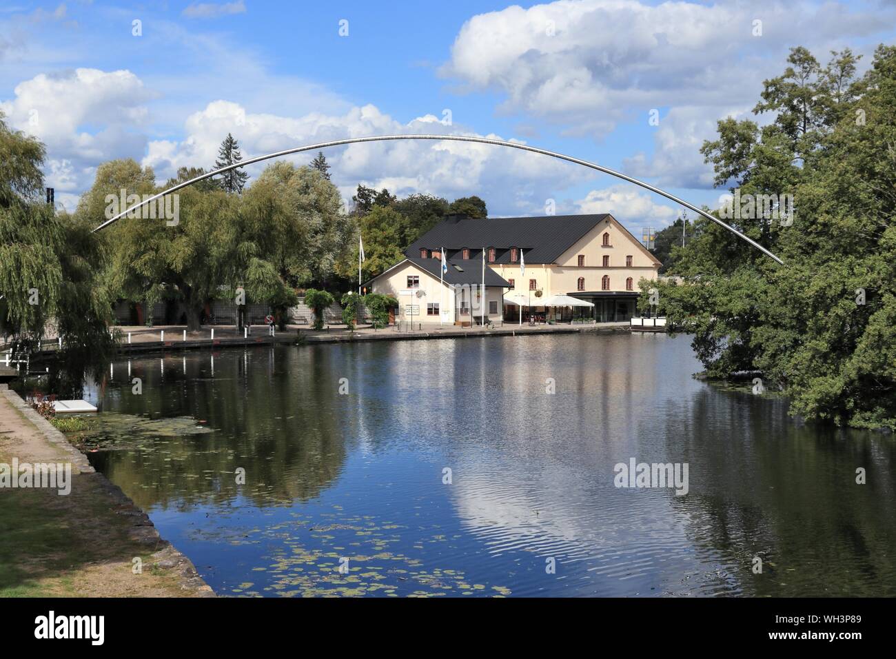 Linkoping town in Sweden. Kinda Canal water reflection. Stock Photo