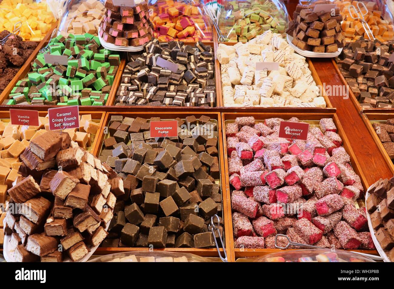Fudge varieties in an artisanal sweets and chocolate shop Stock Photo