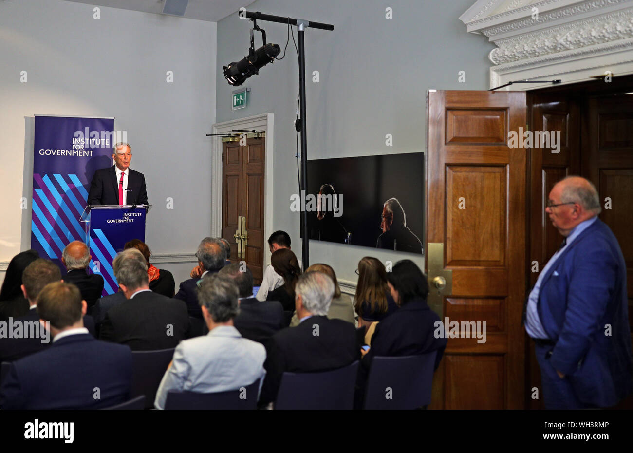 Former prime minister Tony Blair speaking at the Institute for Government in central London where he called for Labour to oppose any move by Boris Johnson to hold an emergency general election until Brexit has been resolved. Stock Photo