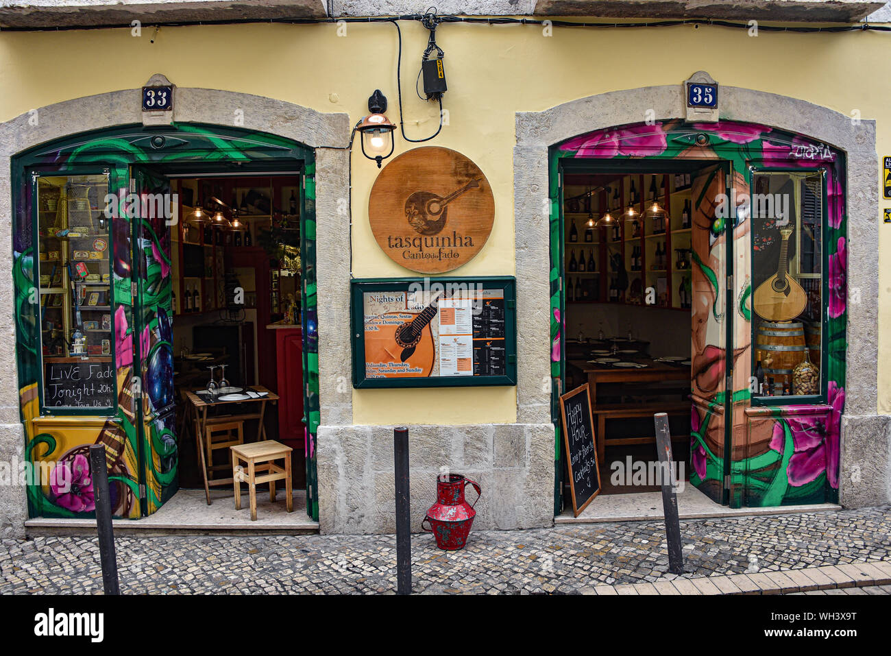 Lisbon, Portugal - July 27, 2019: Fado restaurant in the Alfama district of Lisbon Stock Photo