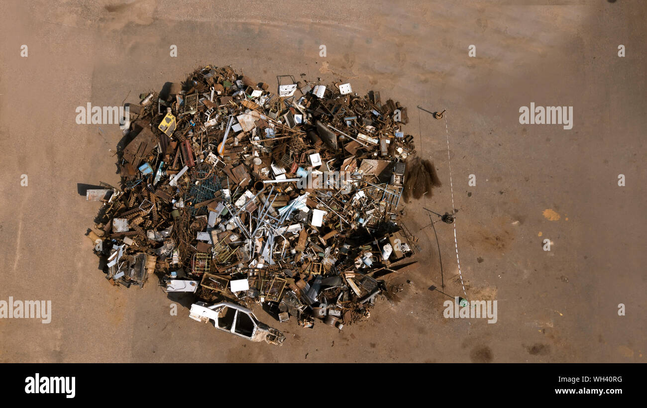 a pile of garbage from scrap metal top view aerial photography from a drone Stock Photo