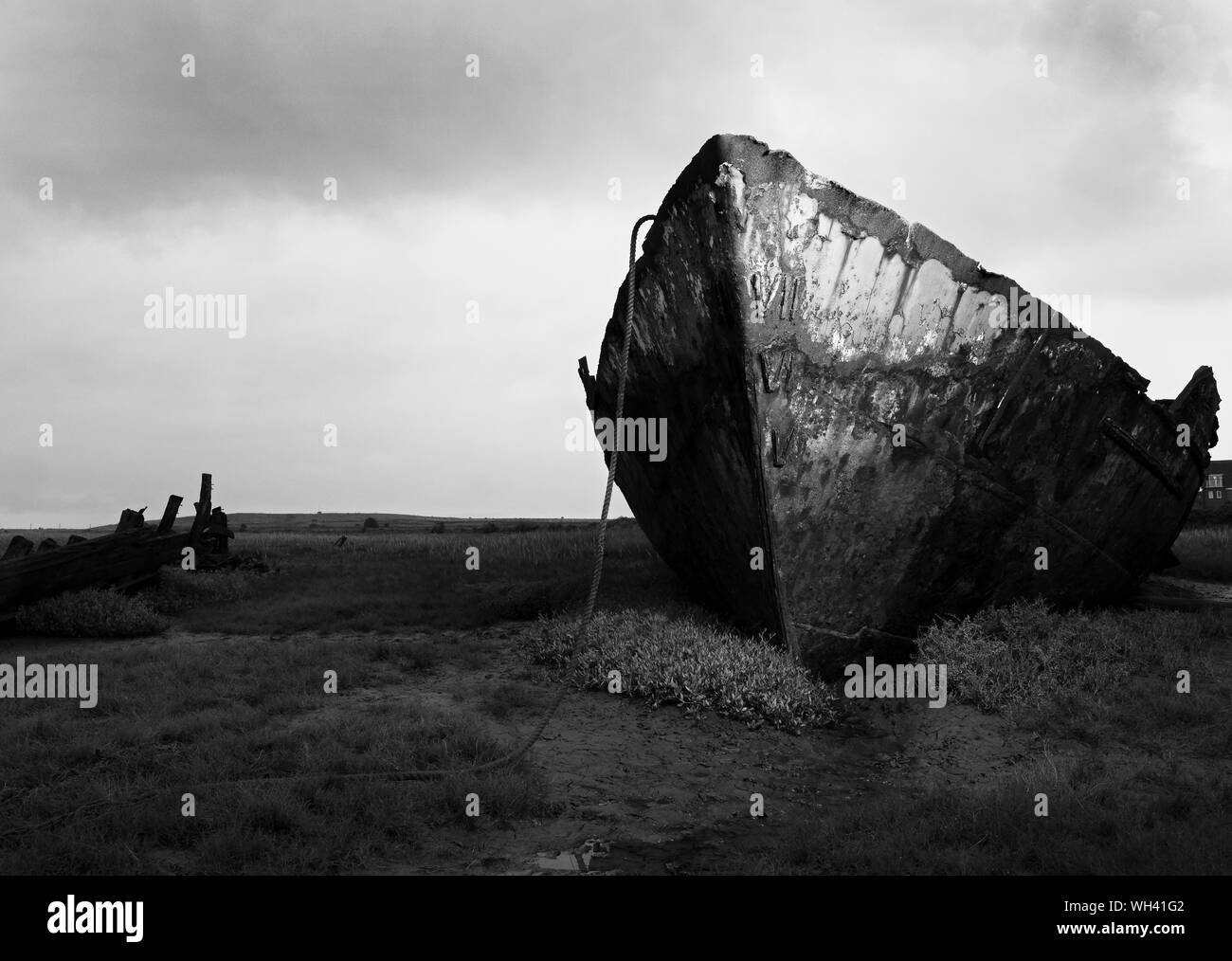 Photograph by © Jamie Callister. Fleetwood boat graveyard on the River Wyre, Fleetwood, North of Blackpool, Lancashire, England, 28th of August, 2019. Stock Photo