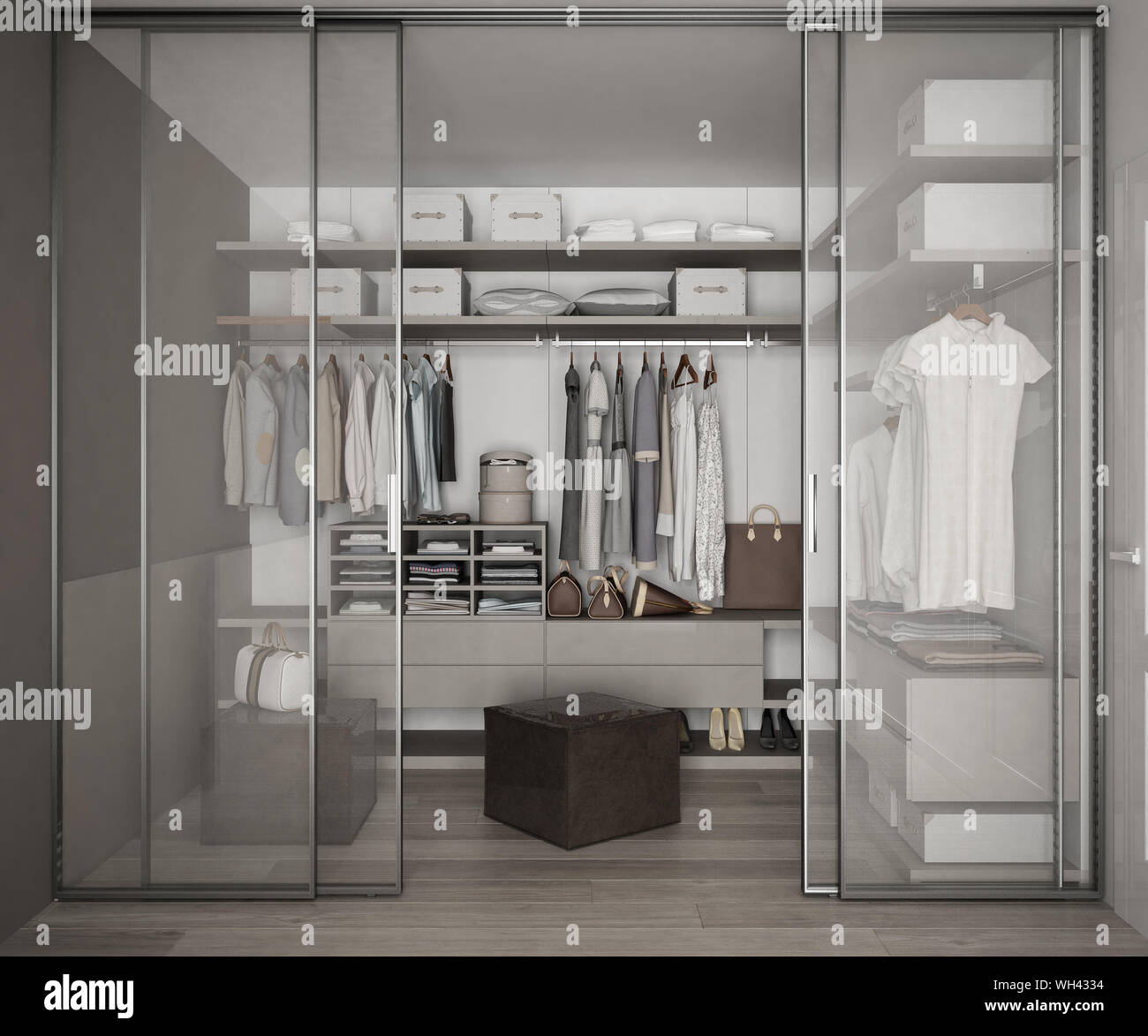 Classic Walk In Closet With Glass Sliding Doors Stock Photo