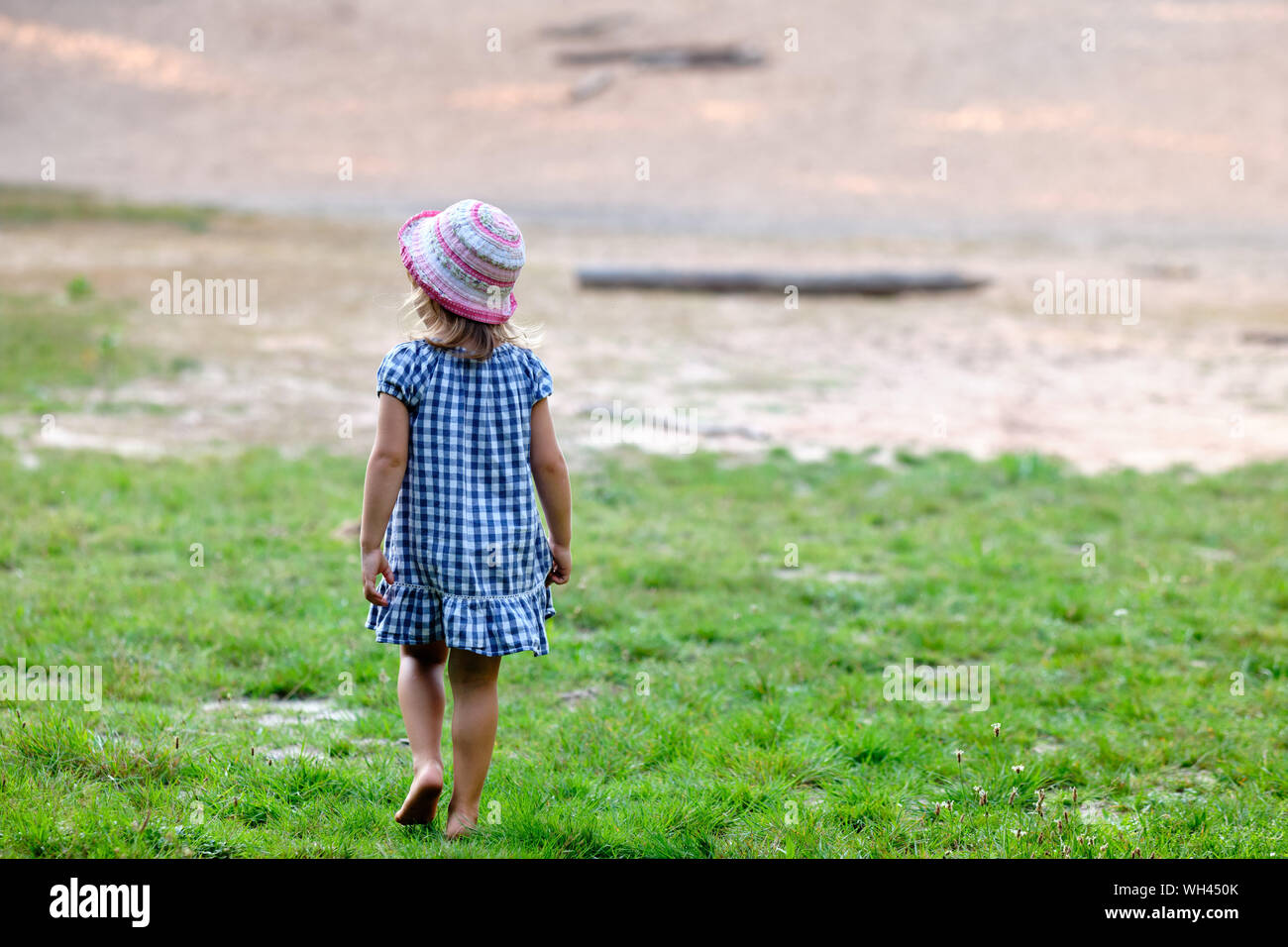 Rear view of a young child girl with unshod feet in summer dress walking on a natural meadow in nature Stock Photo
