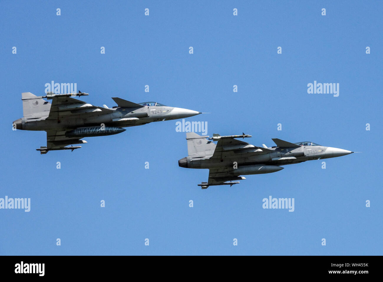 JAS-39 Gripen Saab, Flight of two jets, Czech Air Force Stock Photo