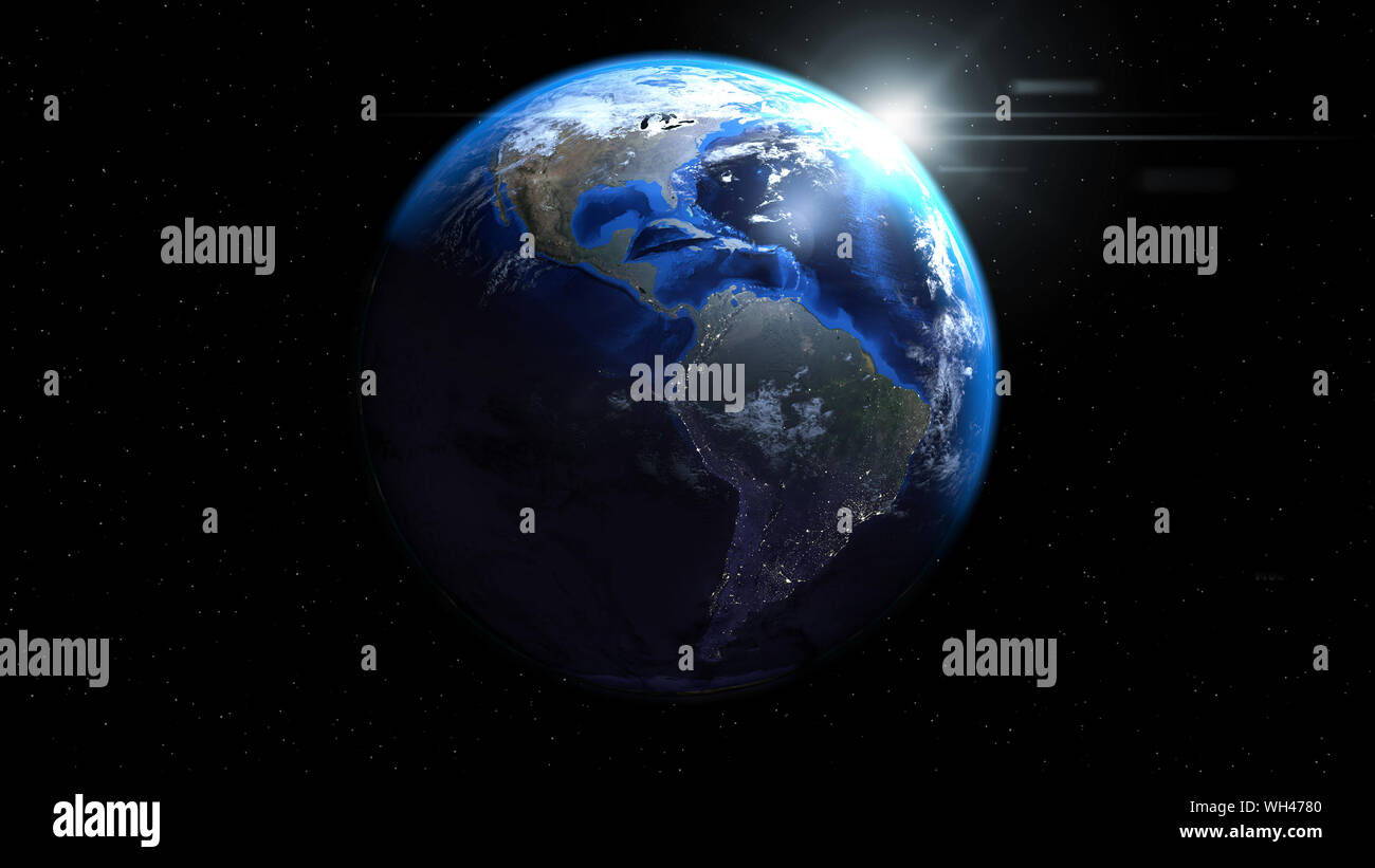 Earth globe from space with sun and clouds, showing North and South ...