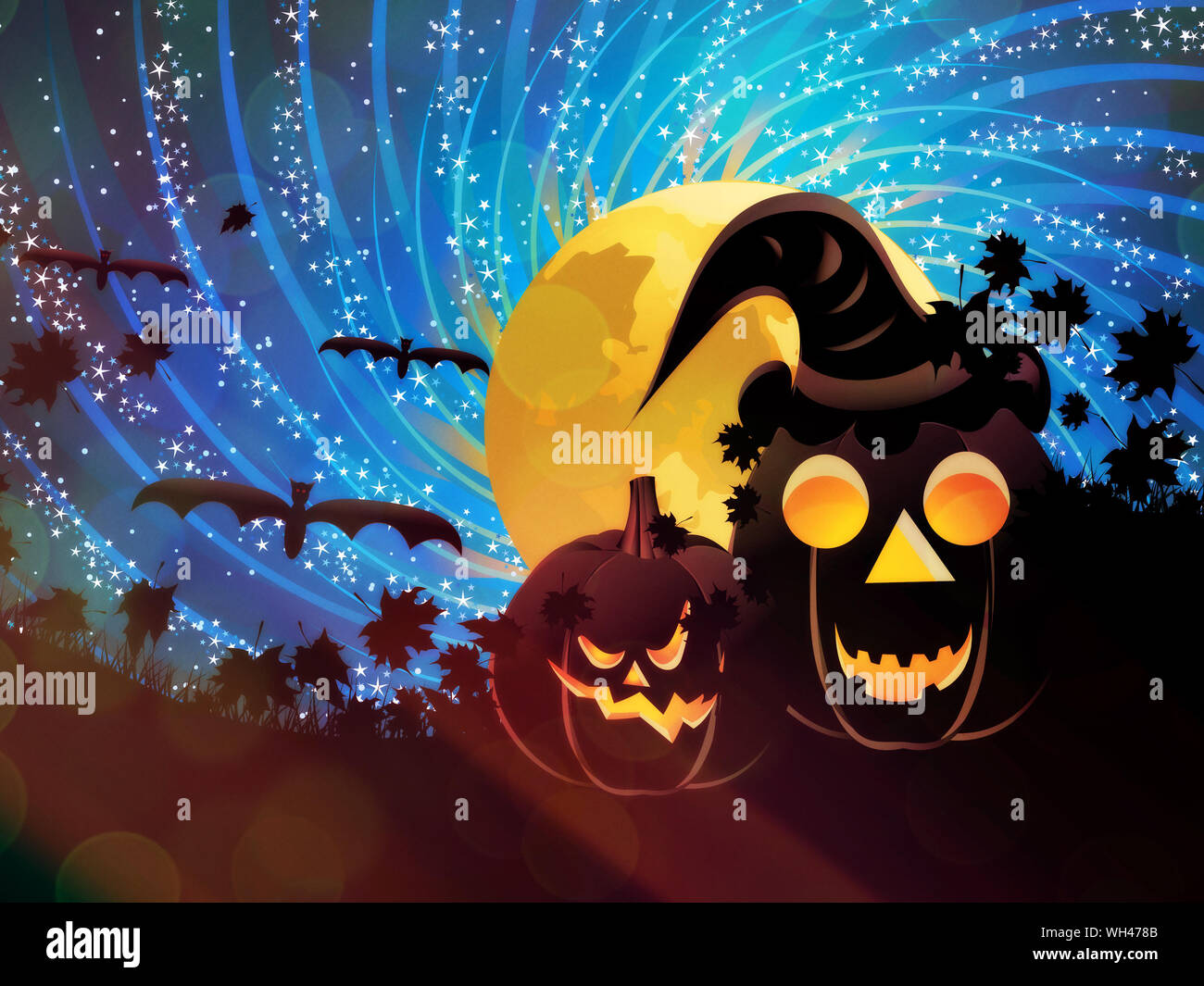 Halloween party background with glowing pumpkins in the grass and moon ...