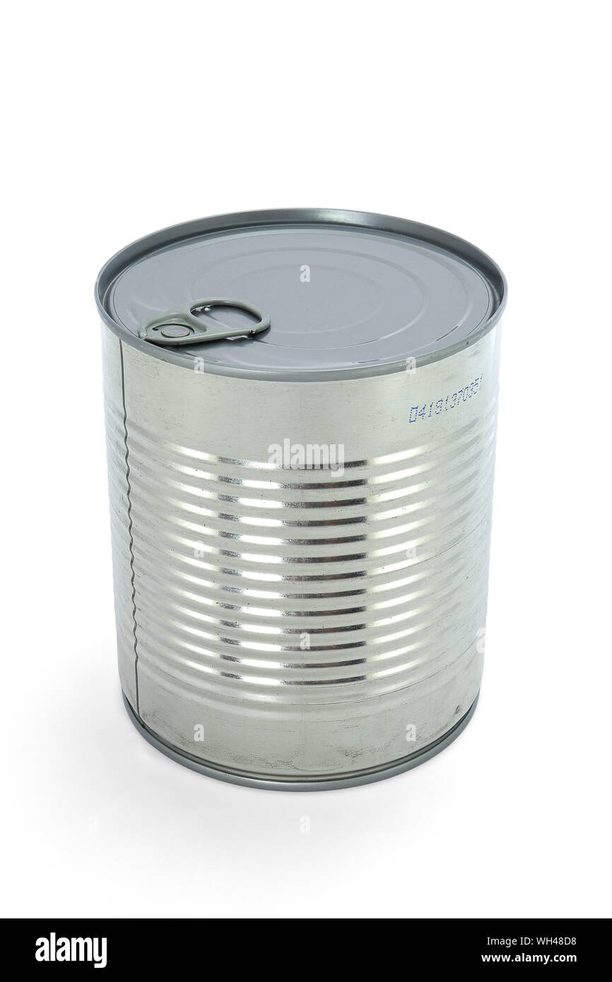 Boîte de conserve inox aluminium tri sélectif emballages emballage en métal isolé fond blanc éclairage studio métallique pasteurisation hygiène Stock Photo