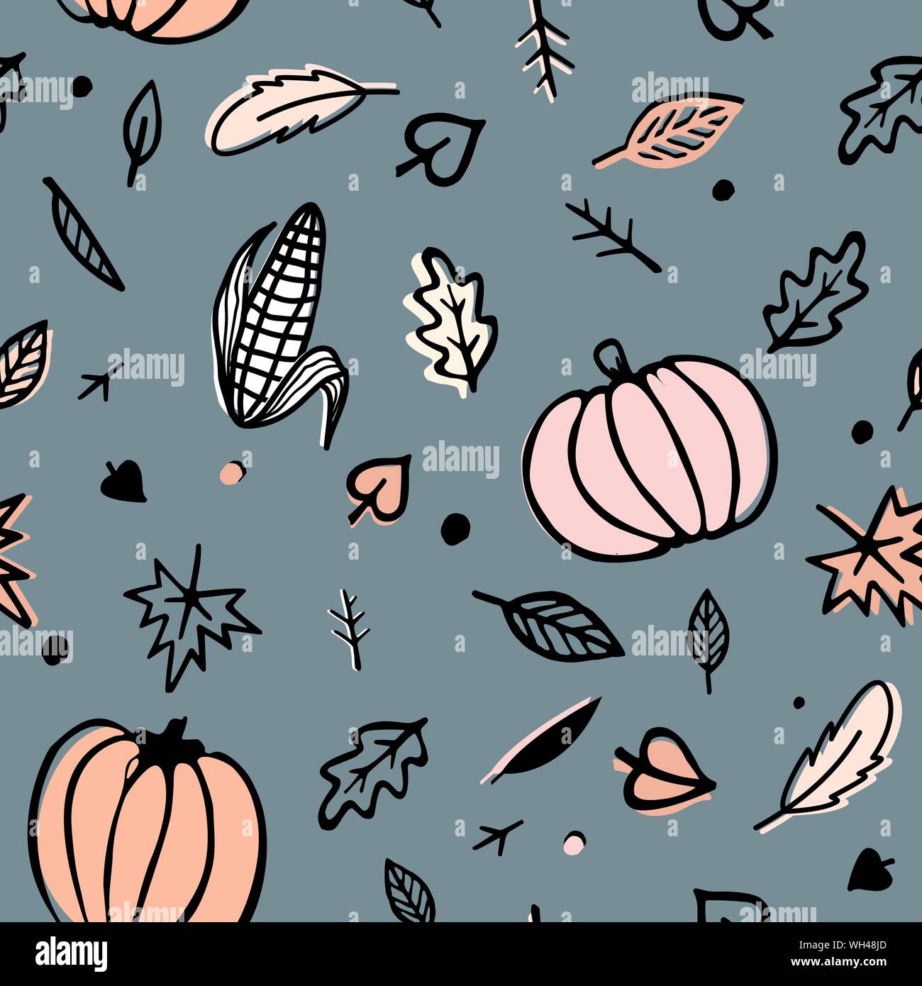 Thanksgiving day seamless pattern with corn cobs, pumpkins, and autumn leaves. Doodle vector ornament isolated on grey background Stock Vector