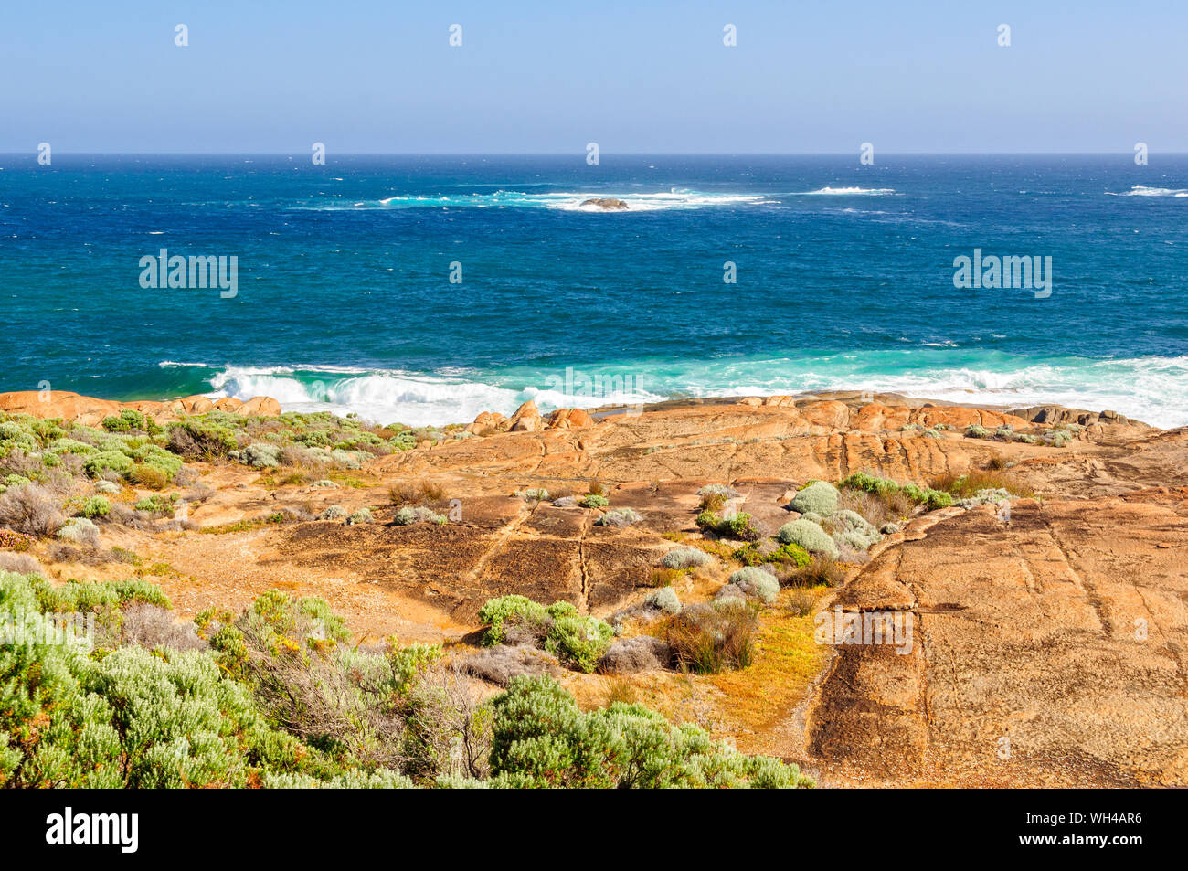 The powerful Indian and Southern Oceans converge at the historic Cape Leeuwin Lighthouse - Augusta, WA, Australia Stock Photo