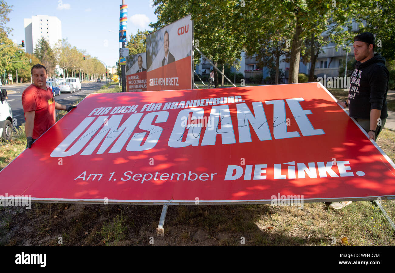 Potsdam, Germany. 02nd Sep, 2019. An election poster of the party Die Linke with the inscription 'Für Dich. For Brandenburg. All around' is dismantled. Credit: Monika Skolimowska/dpa-Zentralbild/dpa/Alamy Live News Stock Photo