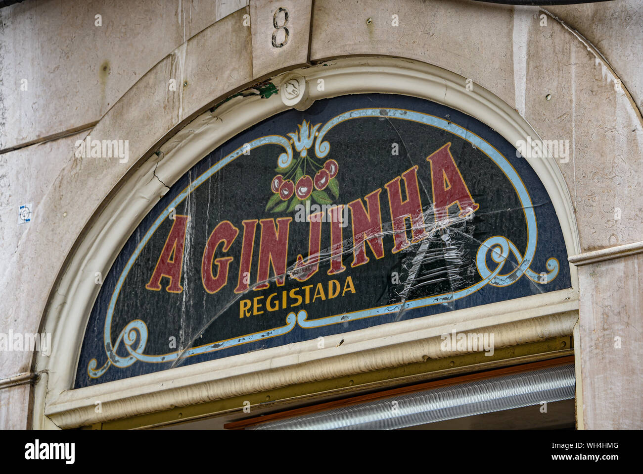 Lisbon, Portugal - July 27, 2019: 'A Ginginha', a famous bar dedicated to Ginginha, a traditional Sour Cherry Brandy Stock Photo