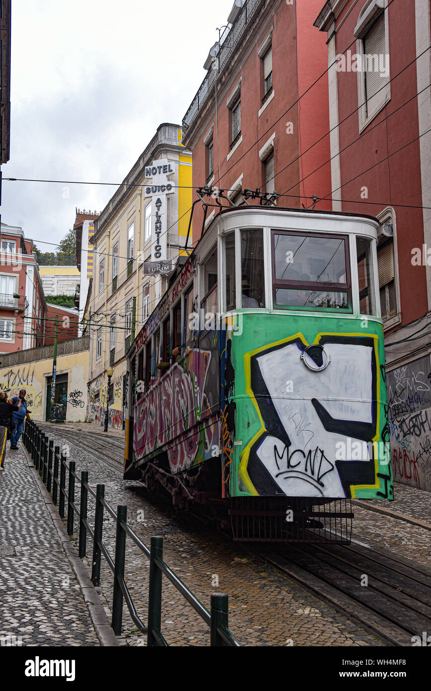 Lisbon, Portugal - July 27, 2019: The Gloria Funicular (Ascensor da ...