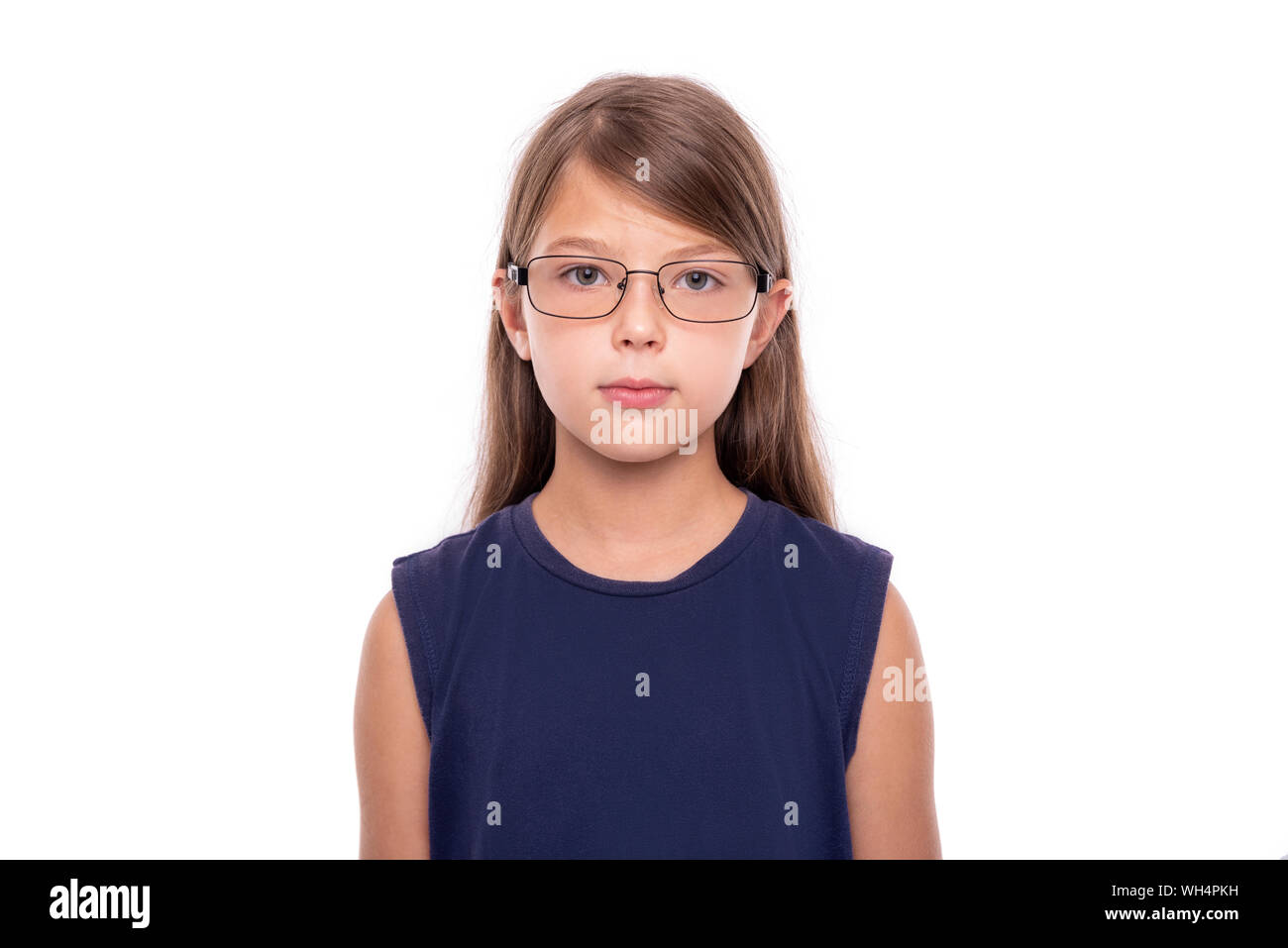Portrait of a little girl with glasses isolated on white backgroud. Stock Photo