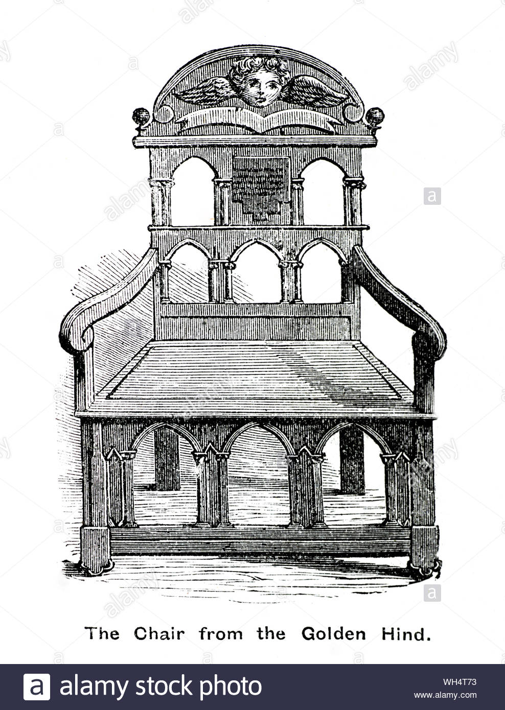 Chair made from the remnants of Sir Francis Drakes English Galleon The Golden Hind, situated in the Bodleian library University of Oxford, vintage illustration from 1884 Stock Photo