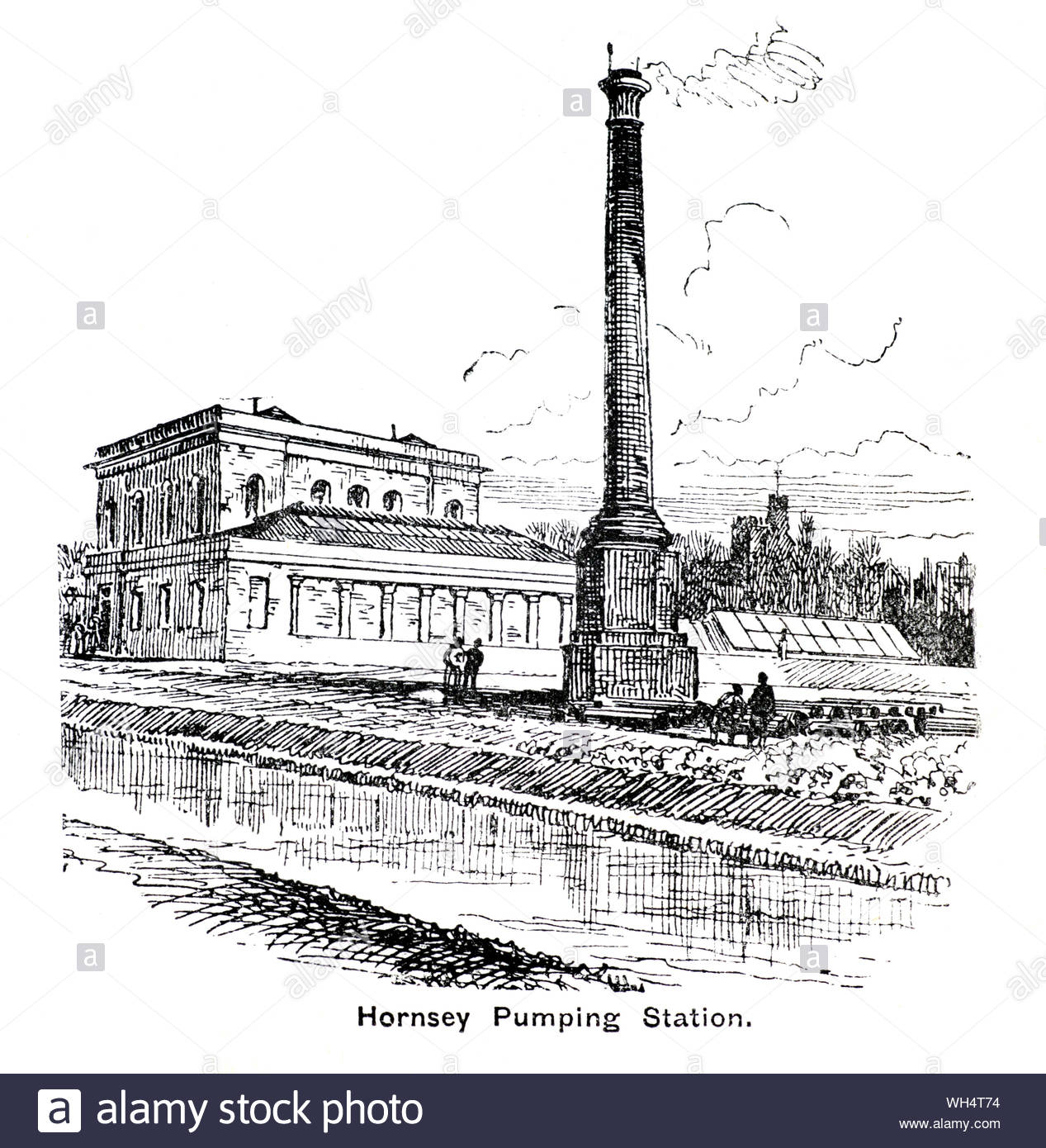 Hornsey Pumping Station, Haringey London, vintage illustration from 1884 Stock Photo