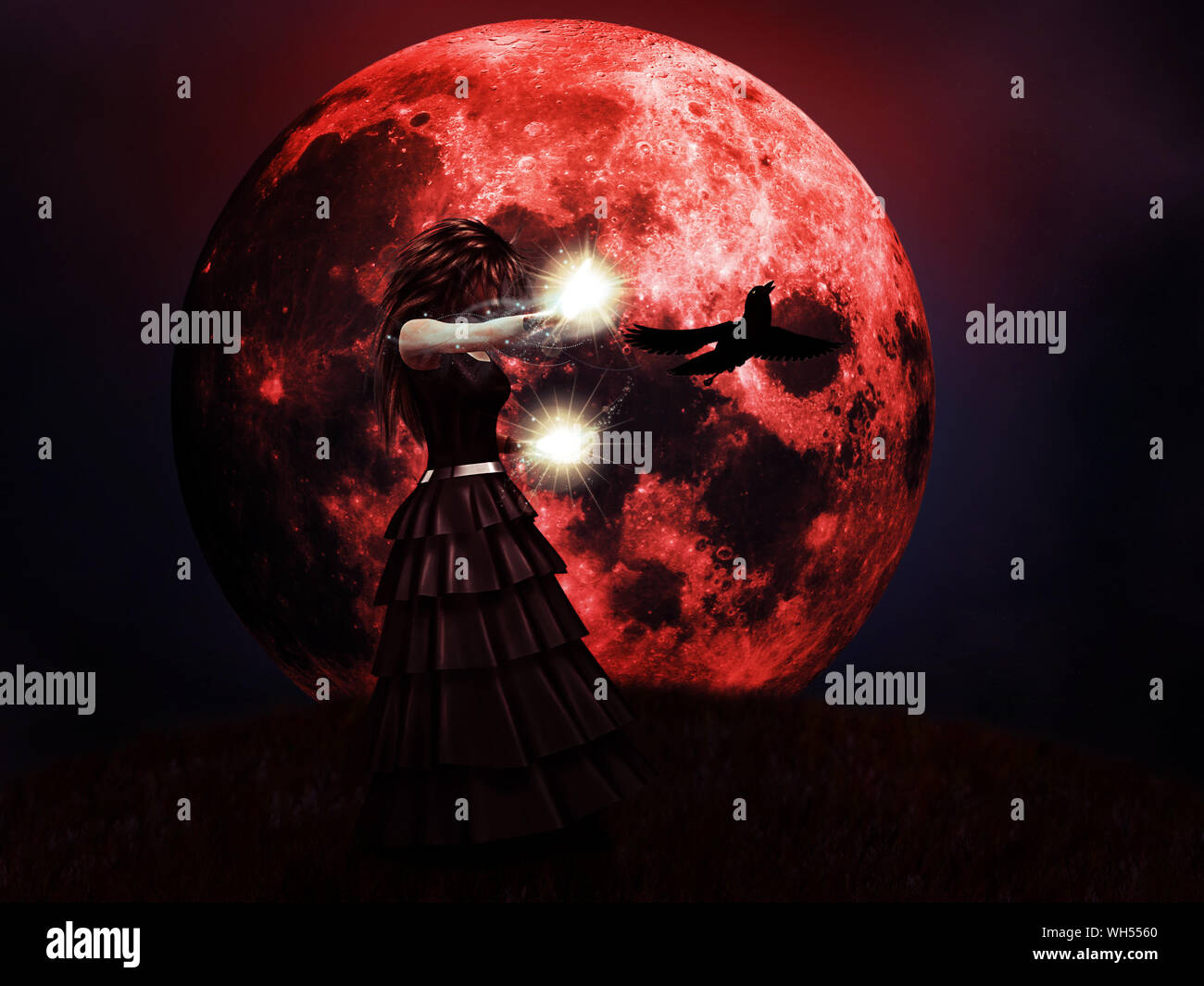 Illustration of halloween red full moon and witch background Stock ...