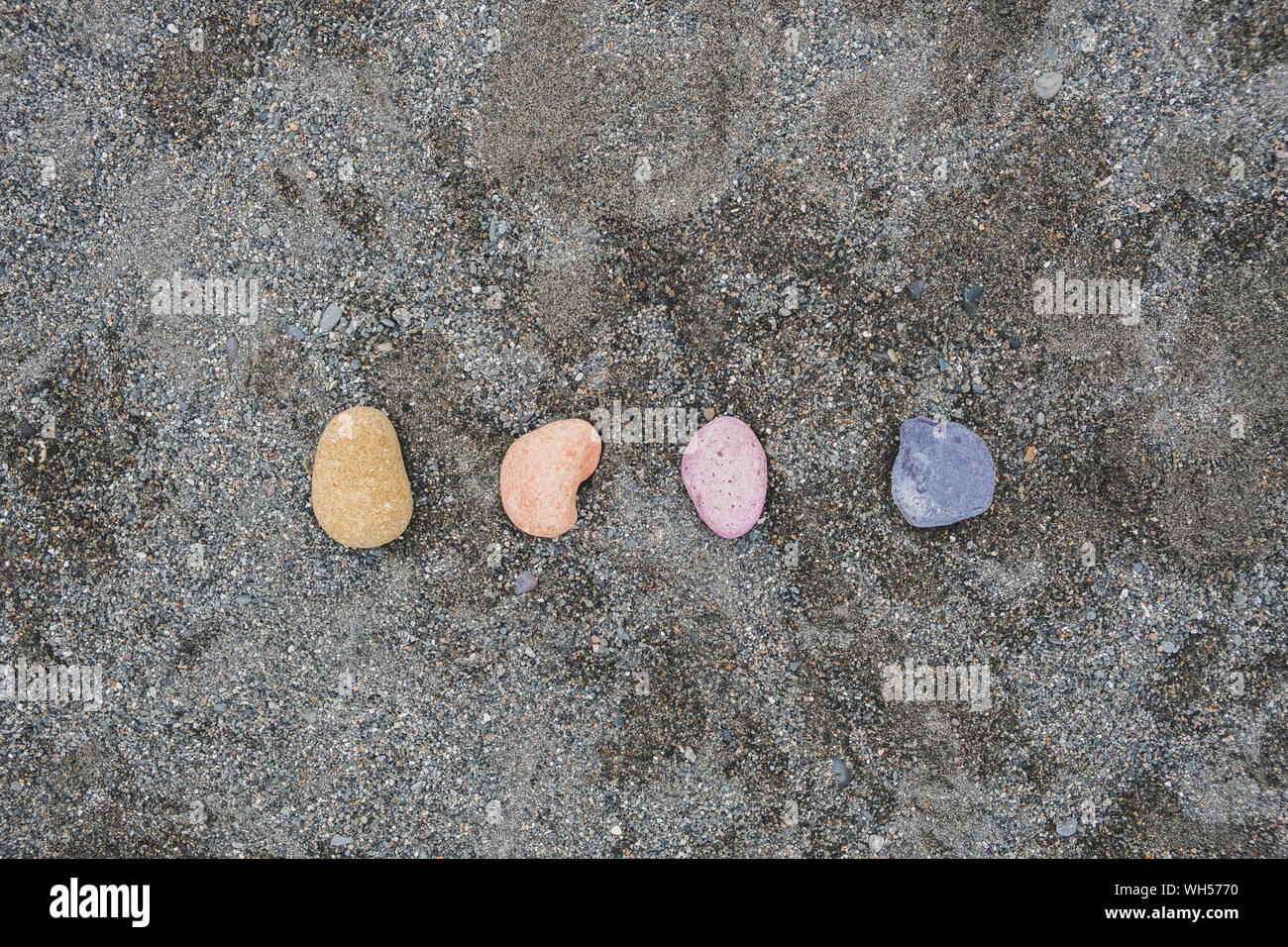 Multi-colored pebbles on wet gray sand. Yellow, orange, pink and purple pebbles on the sea beach, concept of naturalness, simplicity and beauty of nat Stock Photo