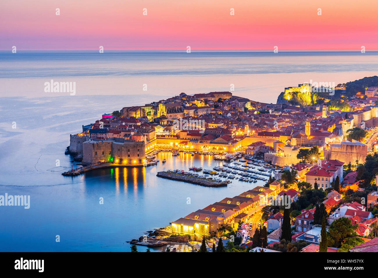 Dubrovnik, Croatia. A panoramic view of the walled city at sunset. Stock Photo