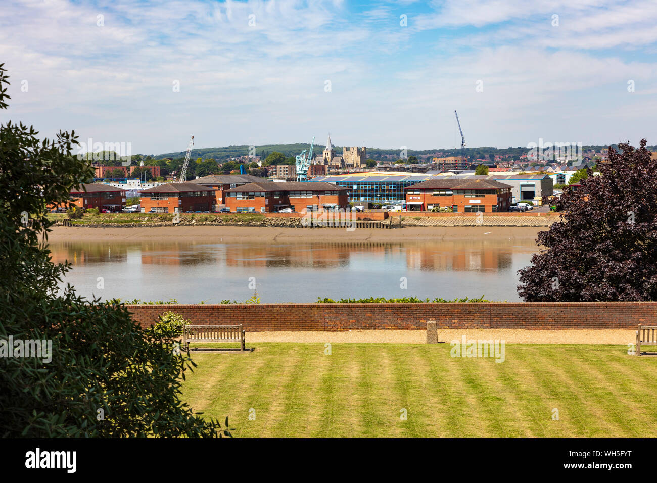 A View across the River Medway towards Rochester Castle and Cathedral, the Medway City Estate in between, Gillingham, Kent, UK Stock Photo