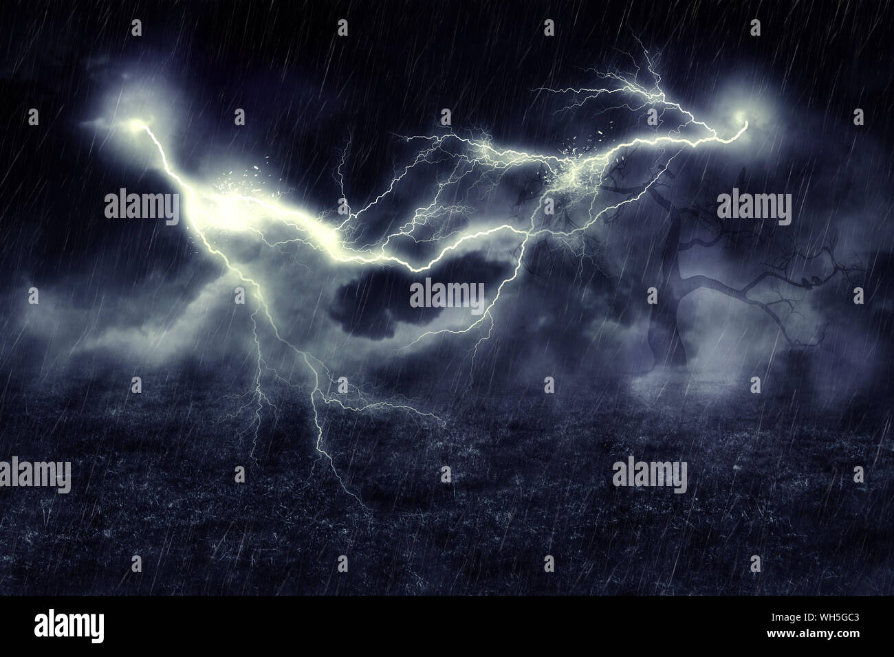 Dark mysterious night field and lightnings in the stormy sky Stock ...