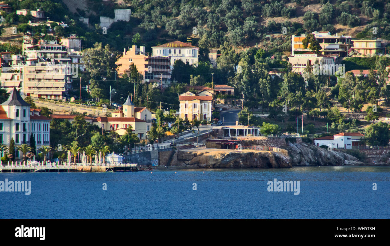 EVIA,LOUTRA EDIPSOS,GREECE JUN 04, 2016. View of Edipsos city on Evia island in Greece with Sulfur waters spa. Stock Photo