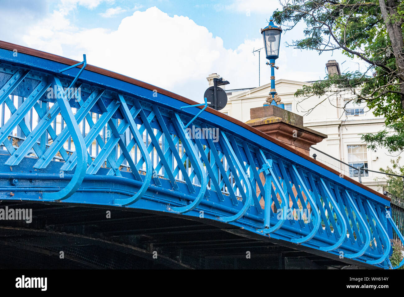 Colourful Detail of the Blue Westbourne Terrace Road Bridge and Street Lamp Over the Grand Union Canal in Little Venice, London. Stock Photo