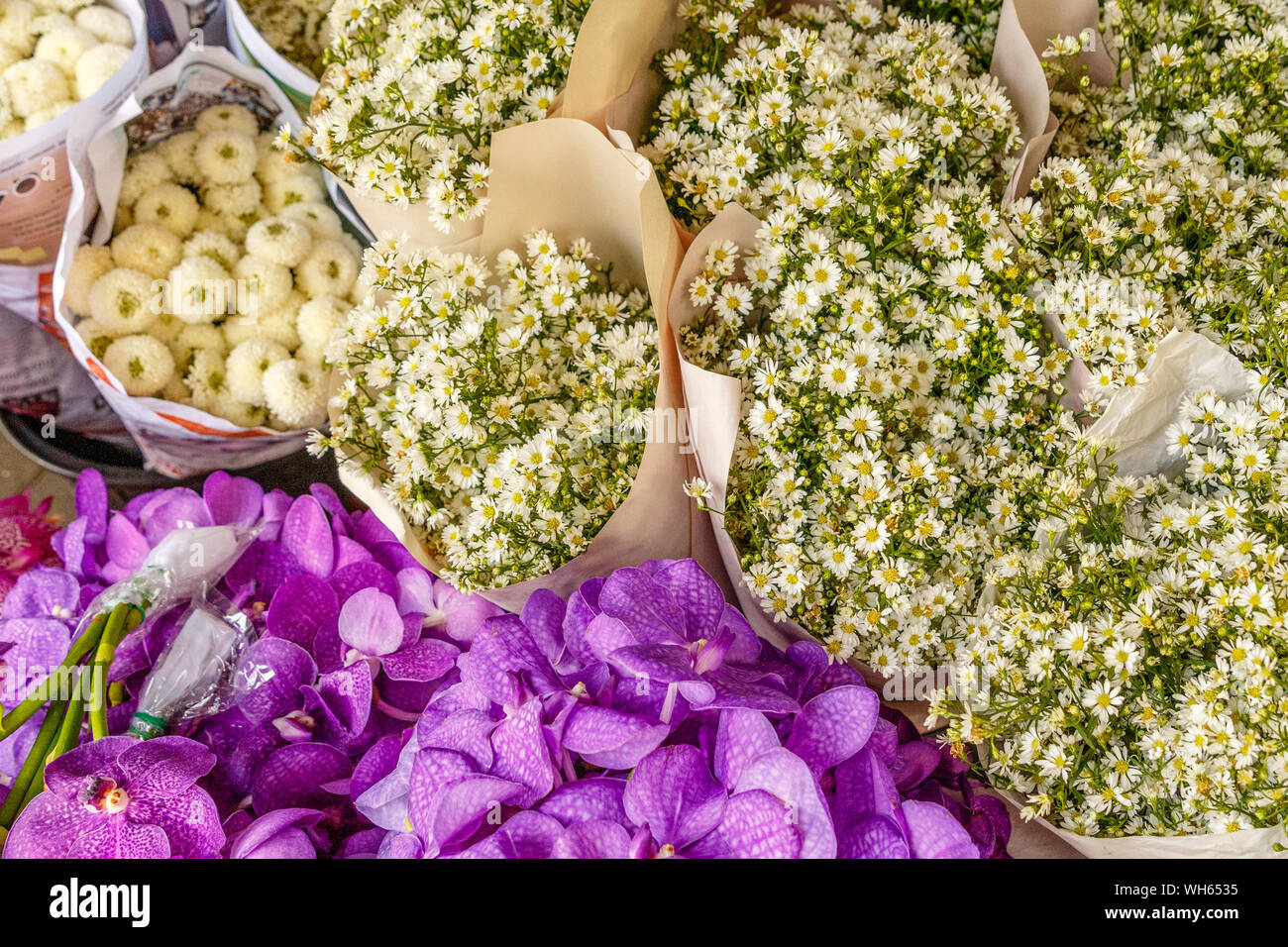Bouquets of white aster flowers and purple orchids at Pak Khlong Talat, famous flower market in Bangkok, Thailand. Stock Photo