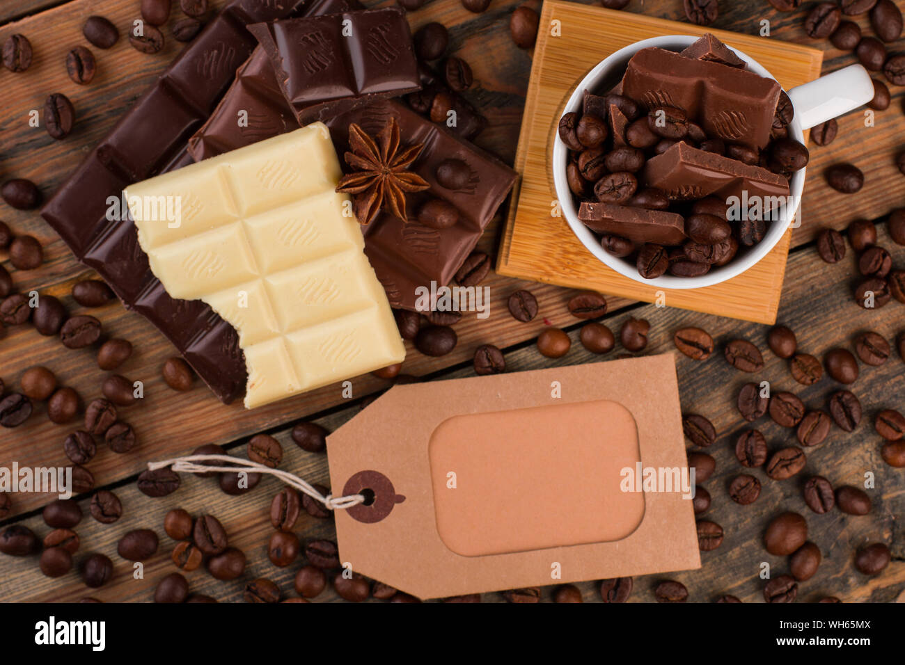 Background with chocolate and coffee beans. Stock Photo