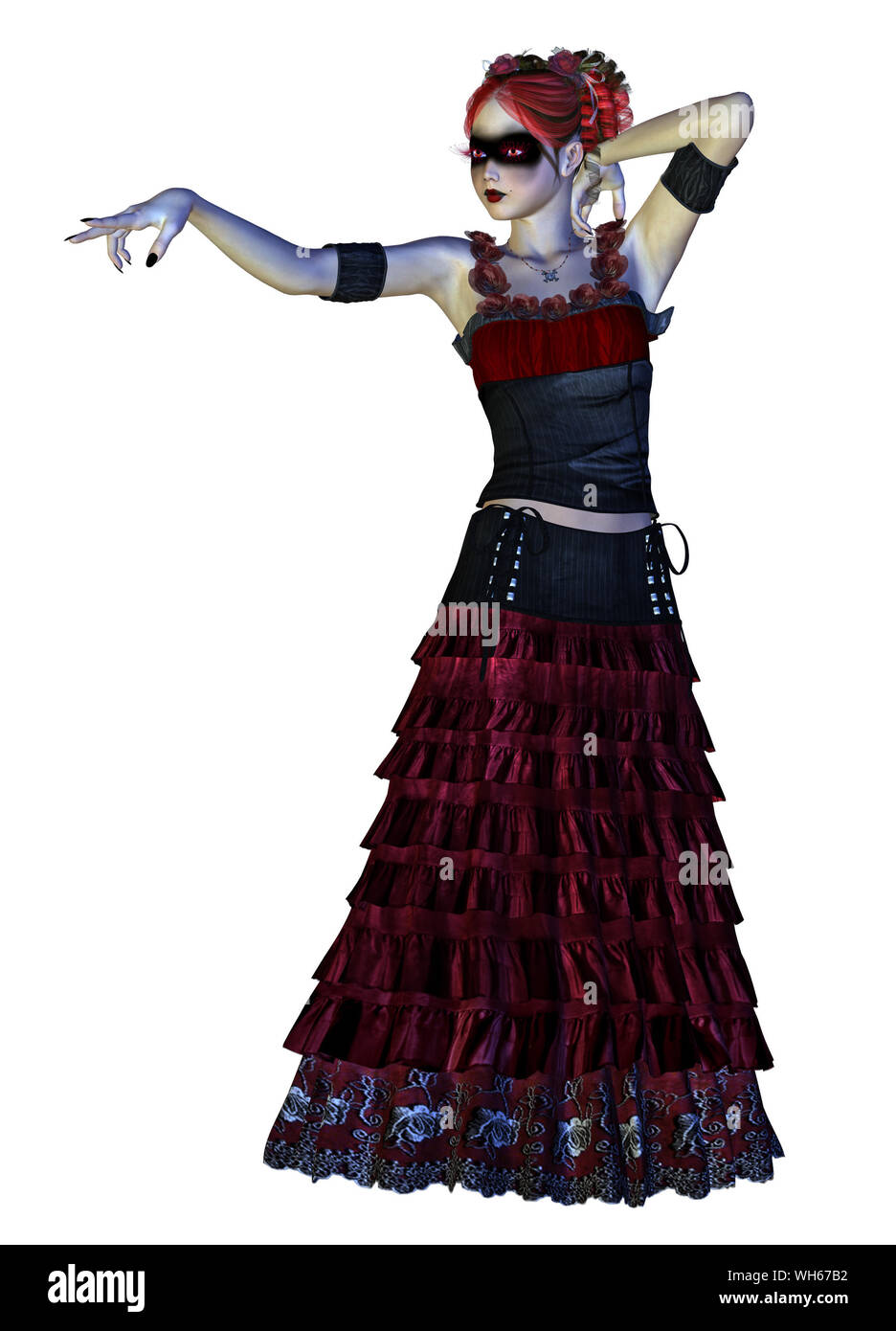 Digitally rendered illustration of a gothic girl in red dress on white