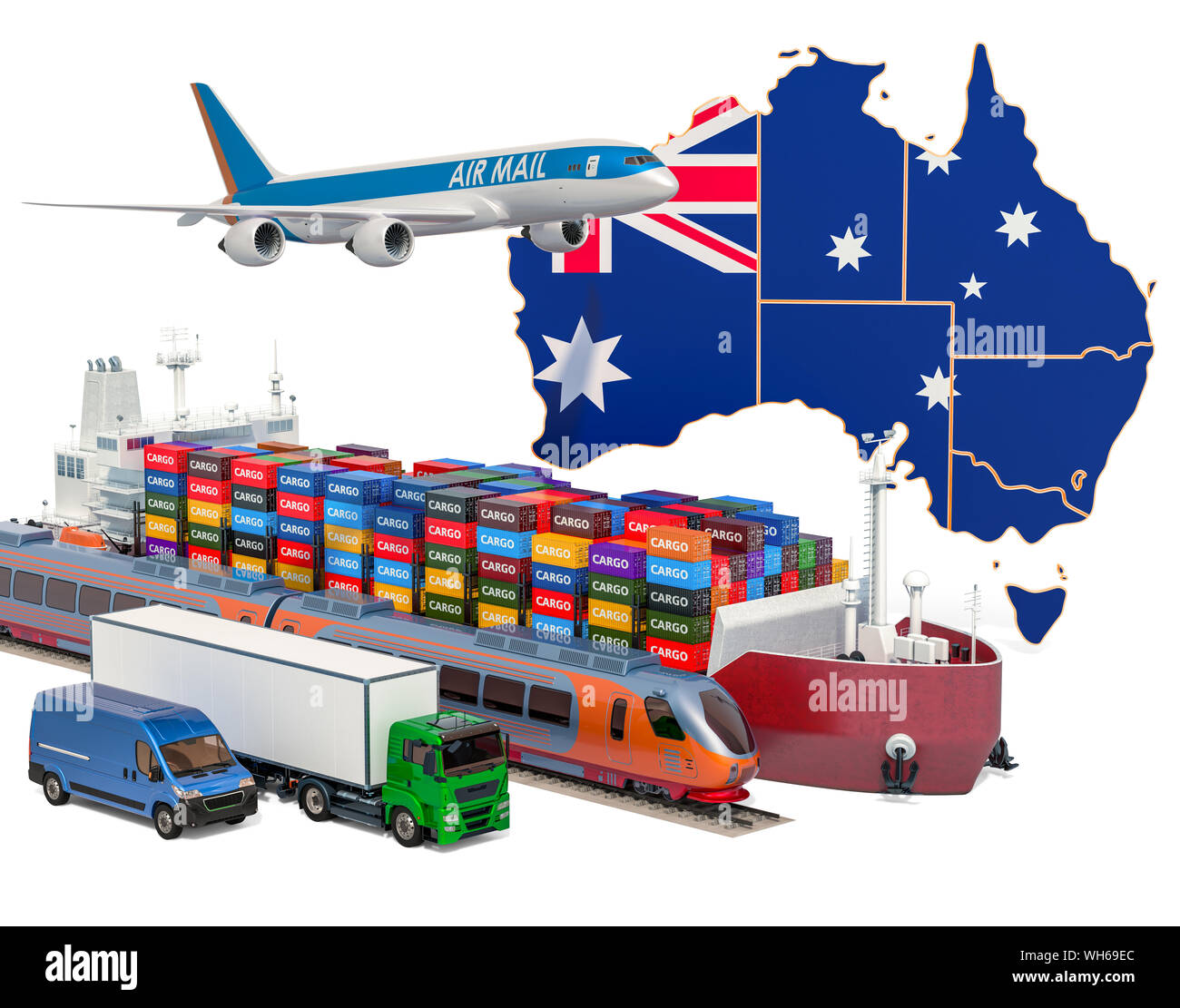 Cargo shipping and freight transportation in Australia by ship, airplane, train, truck and van. 3D rendering isolated on white background Stock Photo